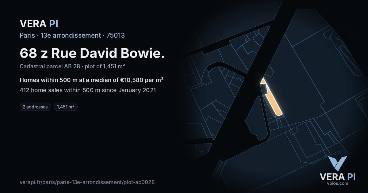 68 z Rue David Bowie, 13e arrondissement at night – the plot lit, the parcels around coloured by the prices near them