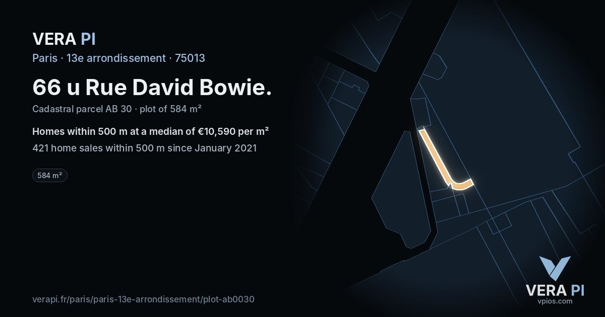 66 u Rue David Bowie, 13e arrondissement at night – the plot lit, the parcels around coloured by the prices near them