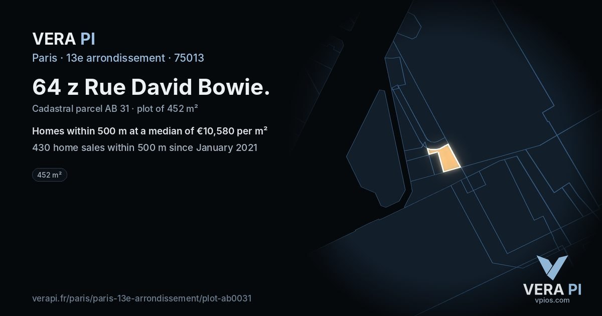 64 z Rue David Bowie, 13e arrondissement at night – the plot lit, the parcels around coloured by the prices near them