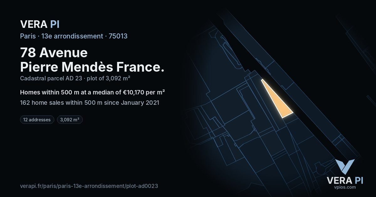 78 Avenue Pierre Mendès France, 13e arrondissement at night – the plot lit, the parcels around coloured by the prices near them