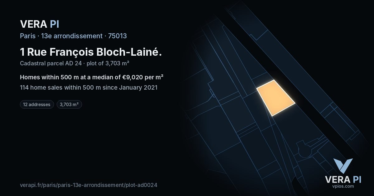 1 Rue François Bloch-Lainé, 13e arrondissement at night – the plot lit, the parcels around coloured by the prices near them