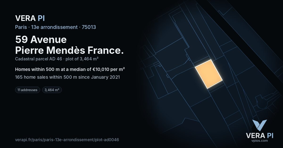 59 Avenue Pierre Mendès France, 13e arrondissement at night – the plot lit, the parcels around coloured by the prices near them