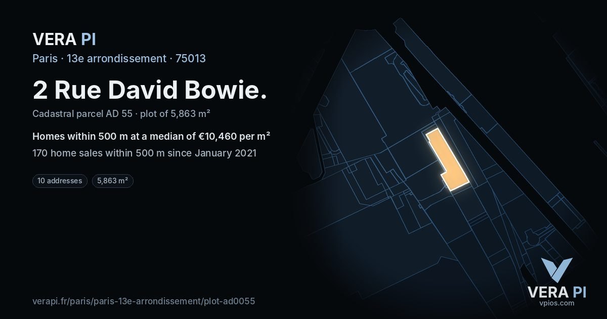 2 Rue David Bowie, 13e arrondissement at night – the plot lit, the parcels around coloured by the prices near them