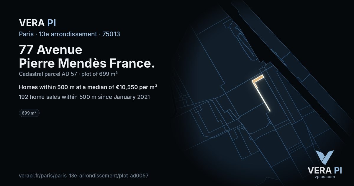 77 Avenue Pierre Mendès France, 13e arrondissement at night – the plot lit, the parcels around coloured by the prices near them