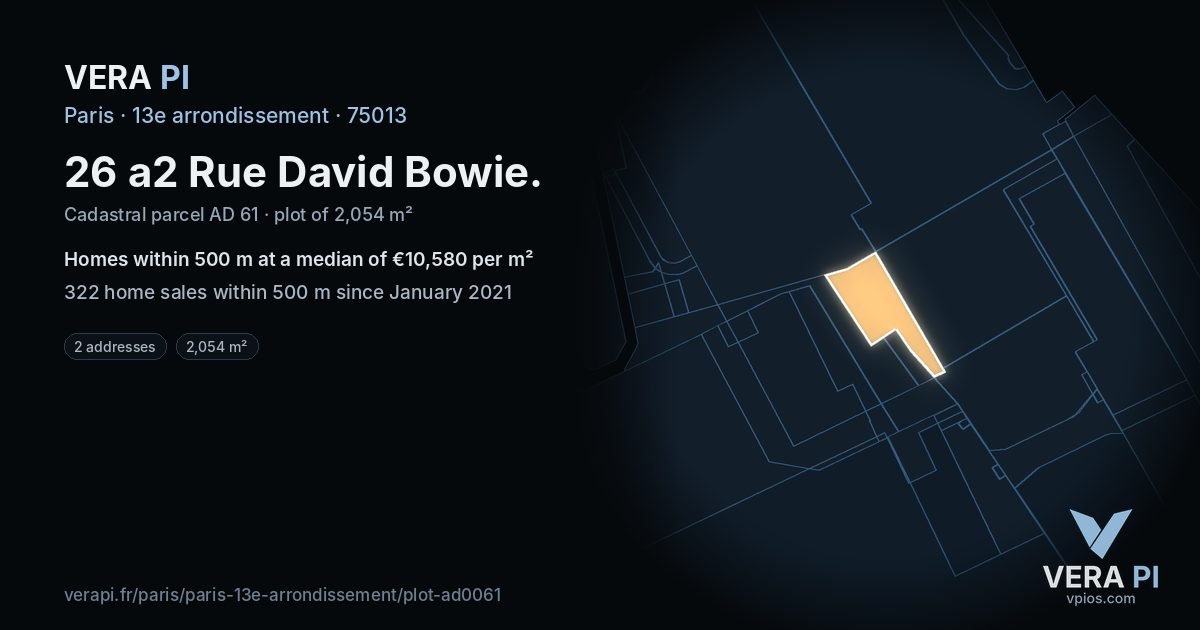 26 a2 Rue David Bowie, 13e arrondissement at night – the plot lit, the parcels around coloured by the prices near them
