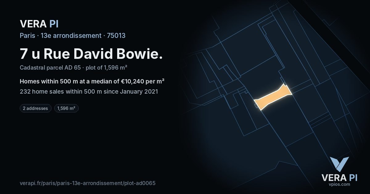 7 u Rue David Bowie, 13e arrondissement at night – the plot lit, the parcels around coloured by the prices near them