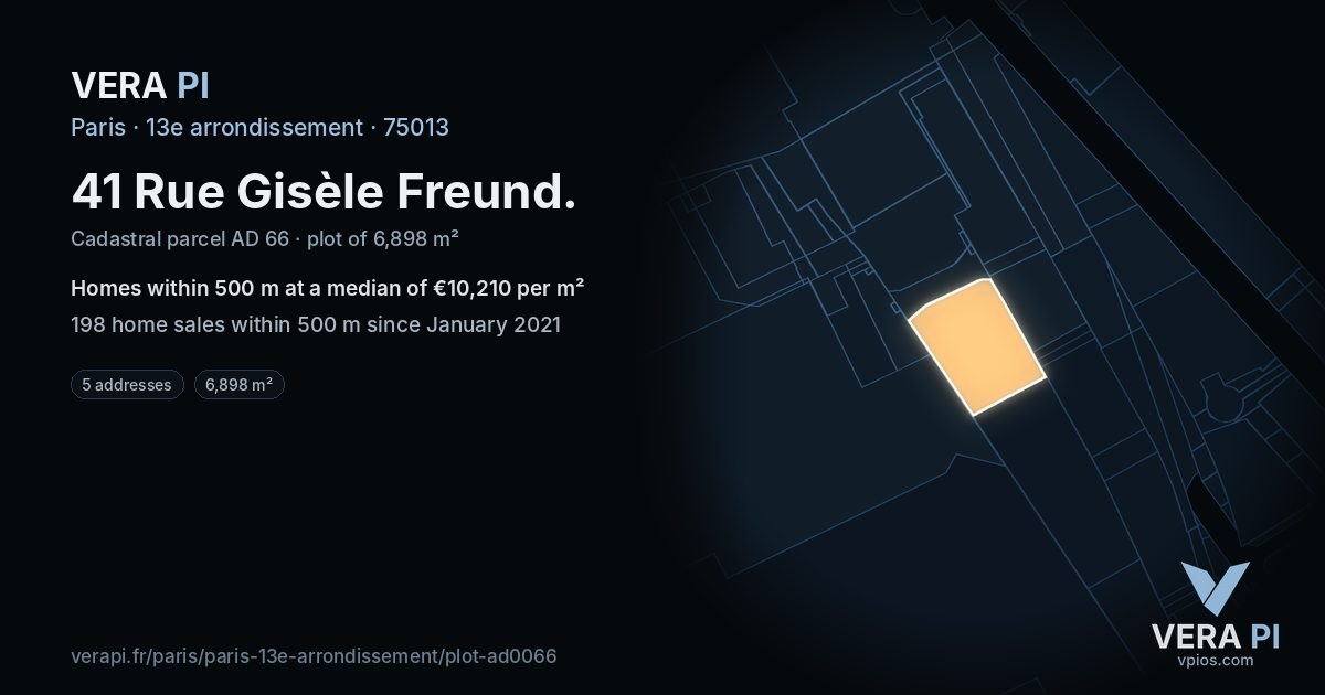 41 Rue Gisèle Freund, 13e arrondissement at night – the plot lit, the parcels around coloured by the prices near them