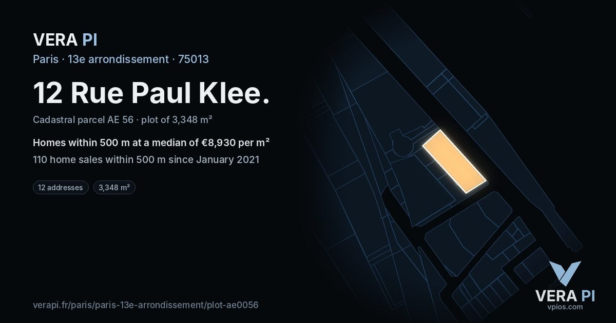 12 Rue Paul Klee, 13e arrondissement at night – the plot lit, the parcels around coloured by the prices near them