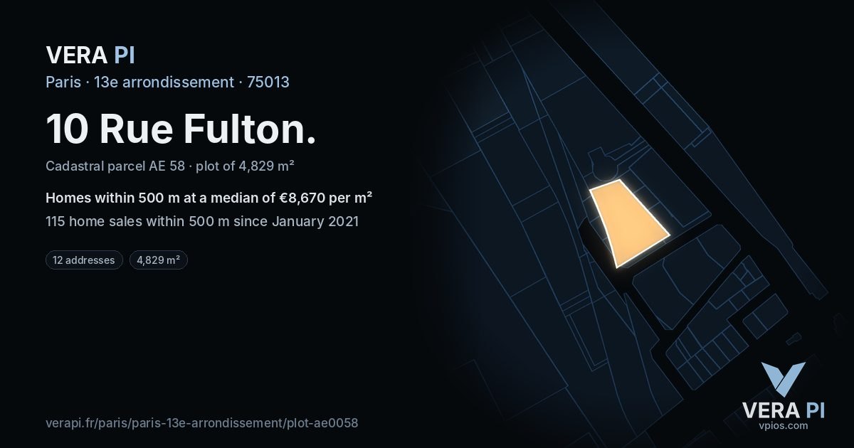 10 Rue Fulton, 13e arrondissement at night – the plot lit, the parcels around coloured by the prices near them