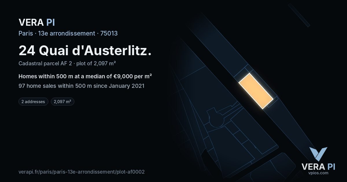 24 Quai d'Austerlitz, 13e arrondissement at night – the plot lit, the parcels around coloured by the prices near them