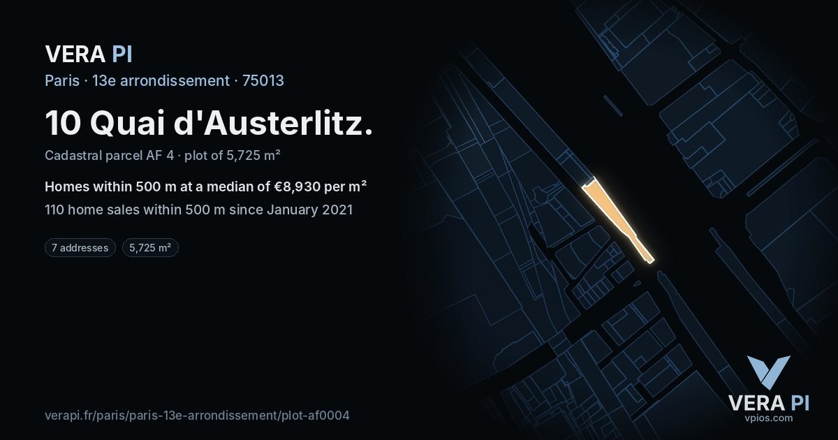 10 Quai d'Austerlitz, 13e arrondissement at night – the plot lit, the parcels around coloured by the prices near them