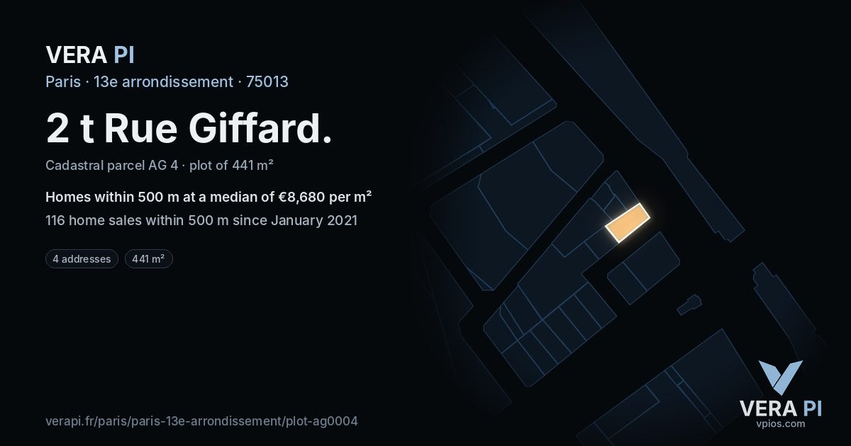 2 t Rue Giffard, 13e arrondissement at night – the plot lit, the parcels around coloured by the prices near them
