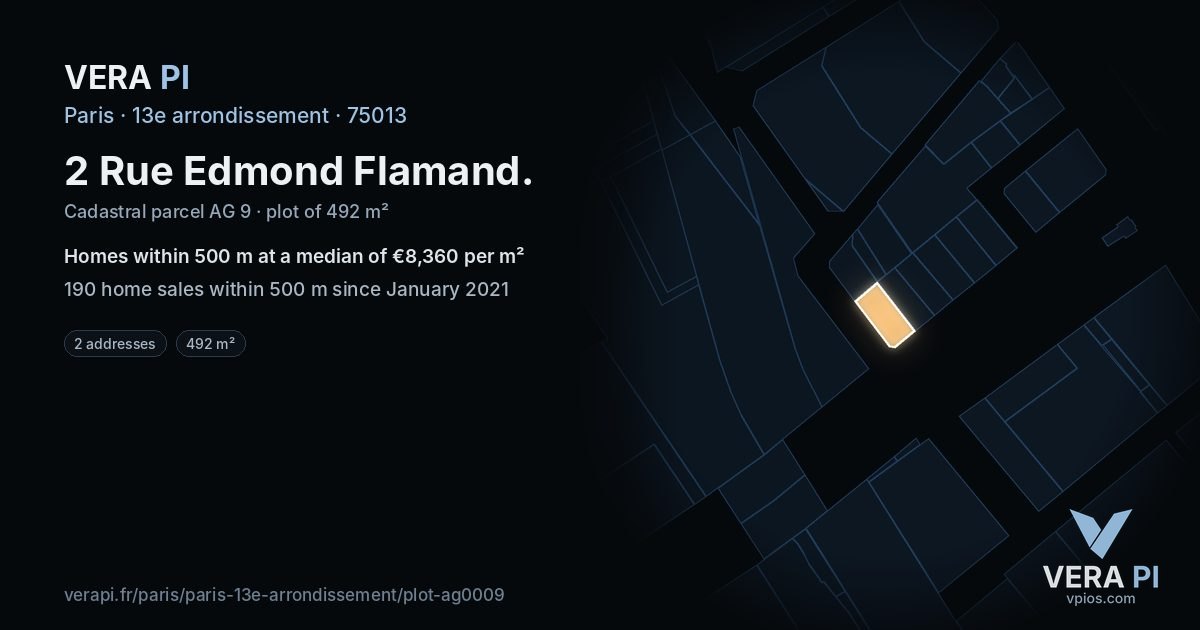 2 Rue Edmond Flamand, 13e arrondissement at night – the plot lit, the parcels around coloured by the prices near them