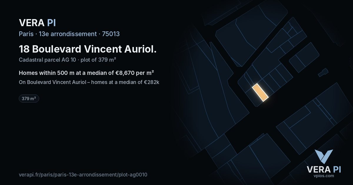 18 Boulevard Vincent Auriol, 13e arrondissement at night – the plot lit, the parcels around coloured by the prices near them