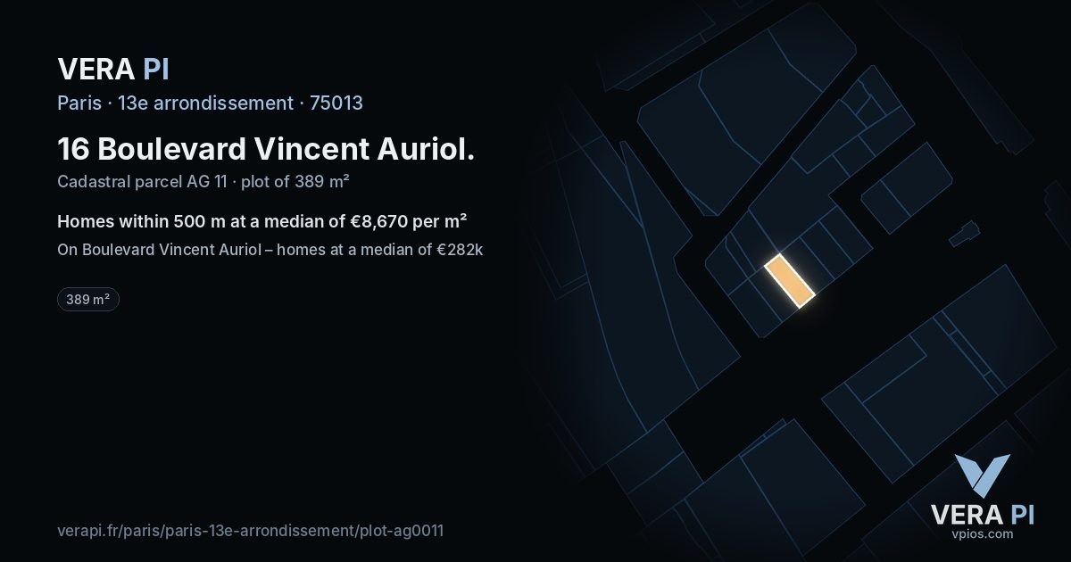 16 Boulevard Vincent Auriol, 13e arrondissement at night – the plot lit, the parcels around coloured by the prices near them