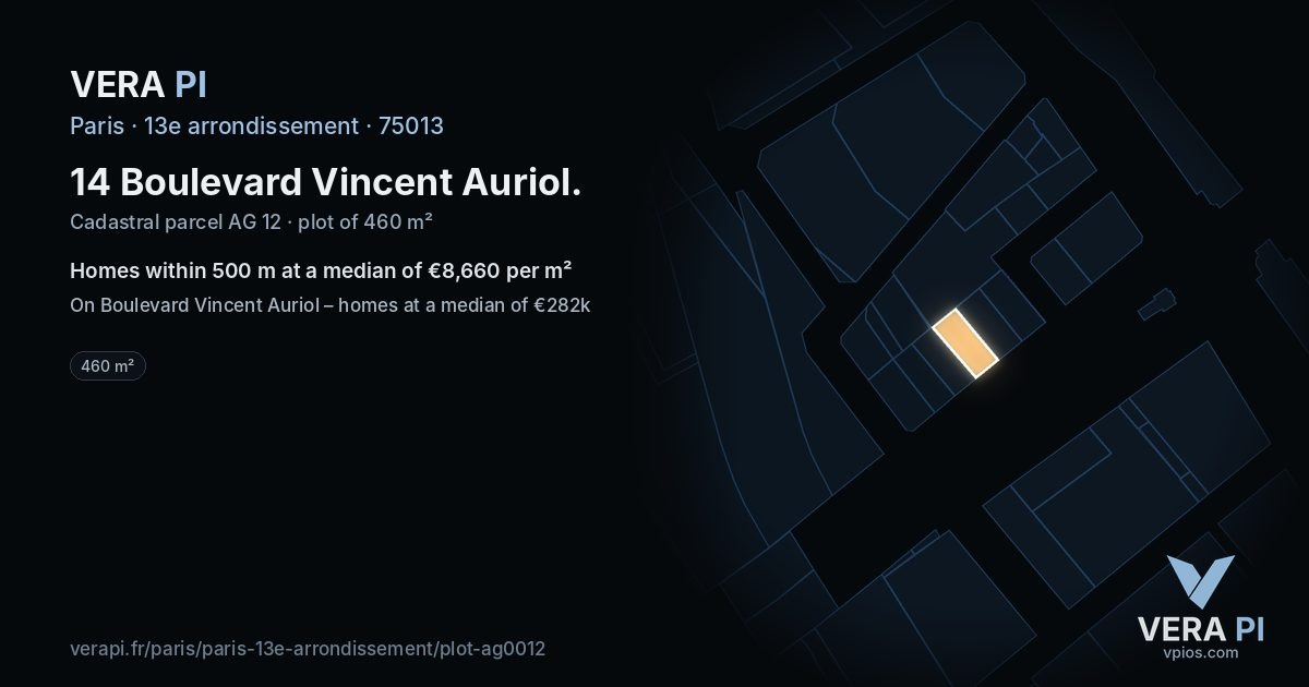 14 Boulevard Vincent Auriol, 13e arrondissement at night – the plot lit, the parcels around coloured by the prices near them