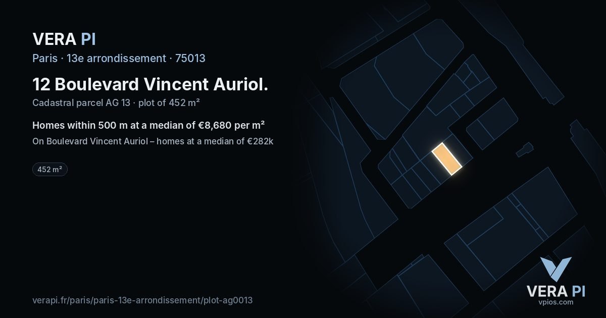 12 Boulevard Vincent Auriol, 13e arrondissement at night – the plot lit, the parcels around coloured by the prices near them