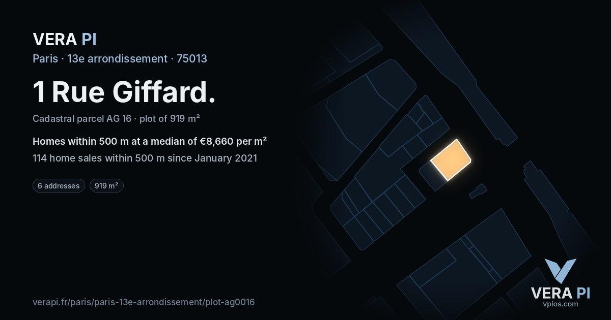 1 Rue Giffard, 13e arrondissement at night – the plot lit, the parcels around coloured by the prices near them