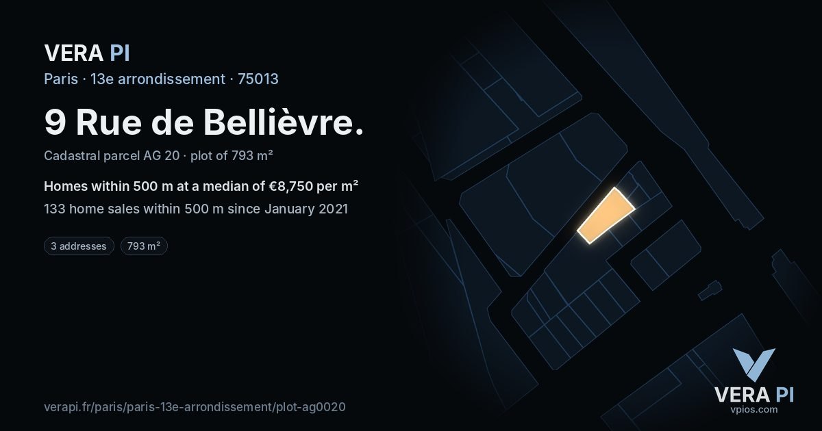 9 Rue de Bellièvre, 13e arrondissement at night – the plot lit, the parcels around coloured by the prices near them