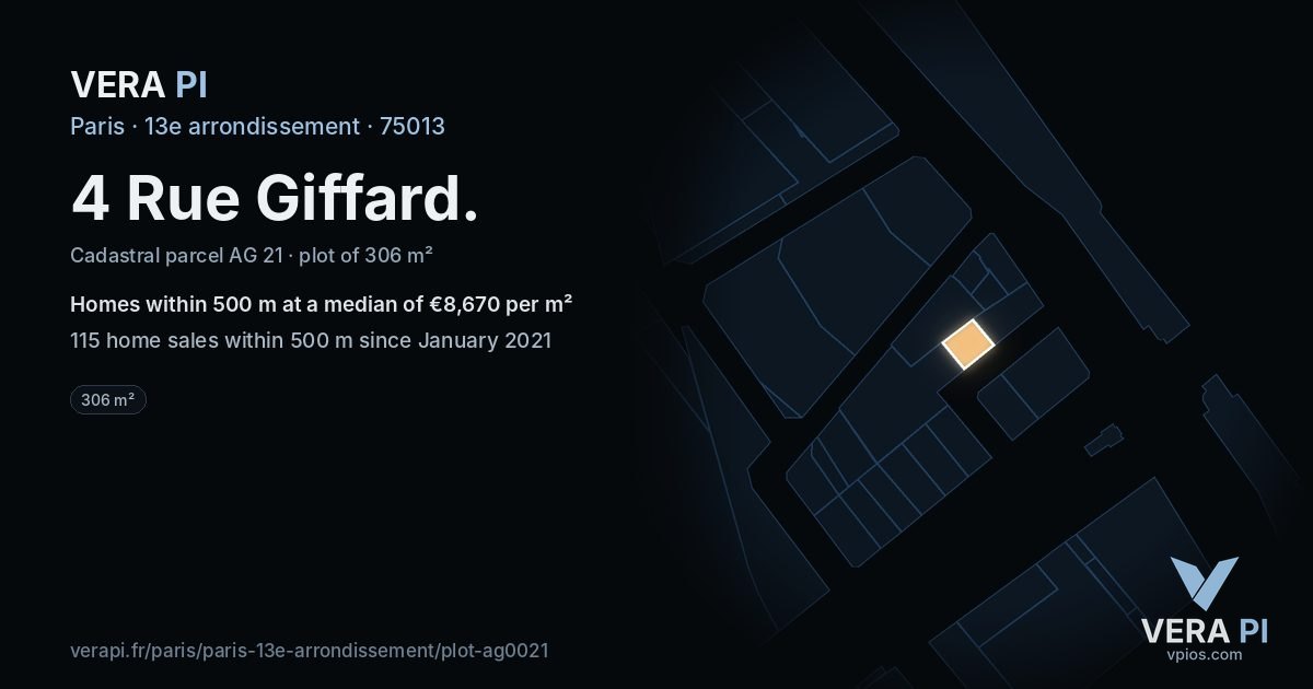 4 Rue Giffard, 13e arrondissement at night – the plot lit, the parcels around coloured by the prices near them