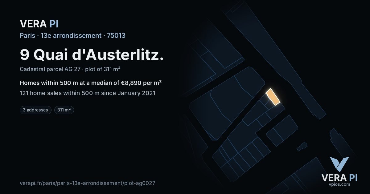 9 Quai d'Austerlitz, 13e arrondissement at night – the plot lit, the parcels around coloured by the prices near them