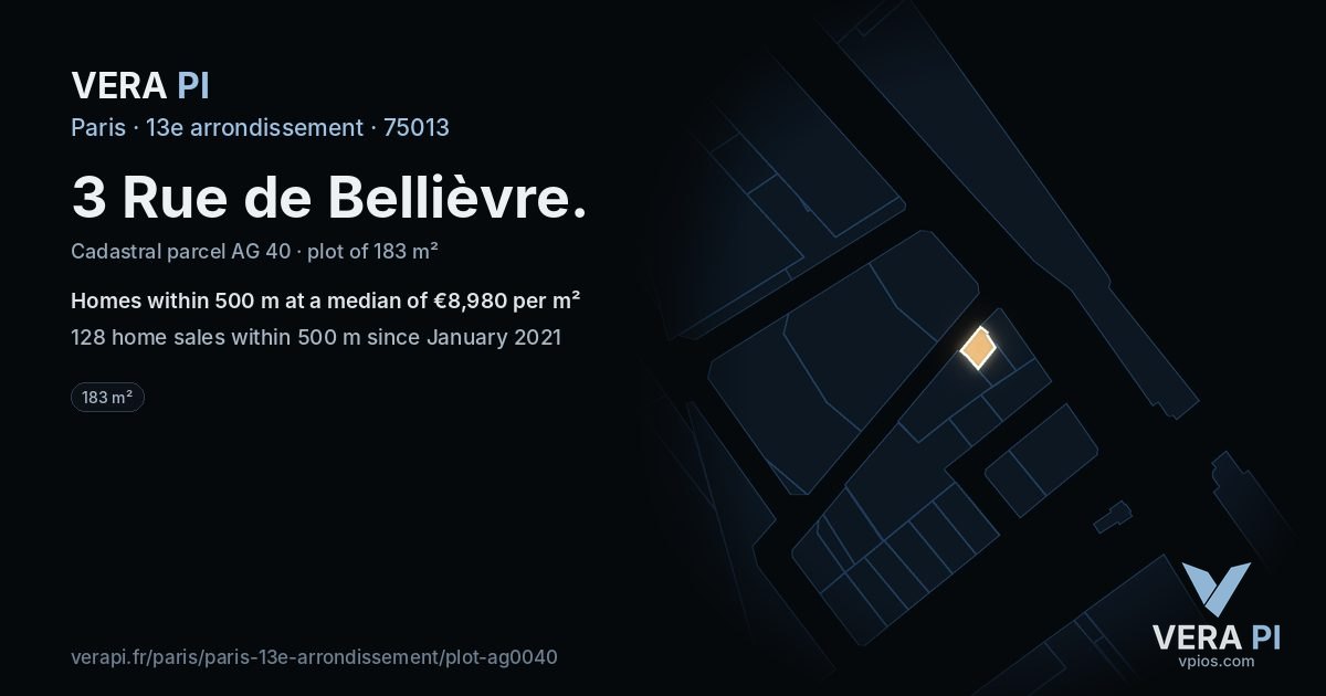 3 Rue de Bellièvre, 13e arrondissement at night – the plot lit, the parcels around coloured by the prices near them