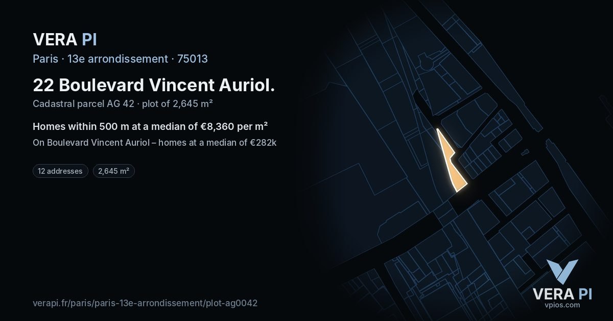 22 Boulevard Vincent Auriol, 13e arrondissement at night – the plot lit, the parcels around coloured by the prices near them