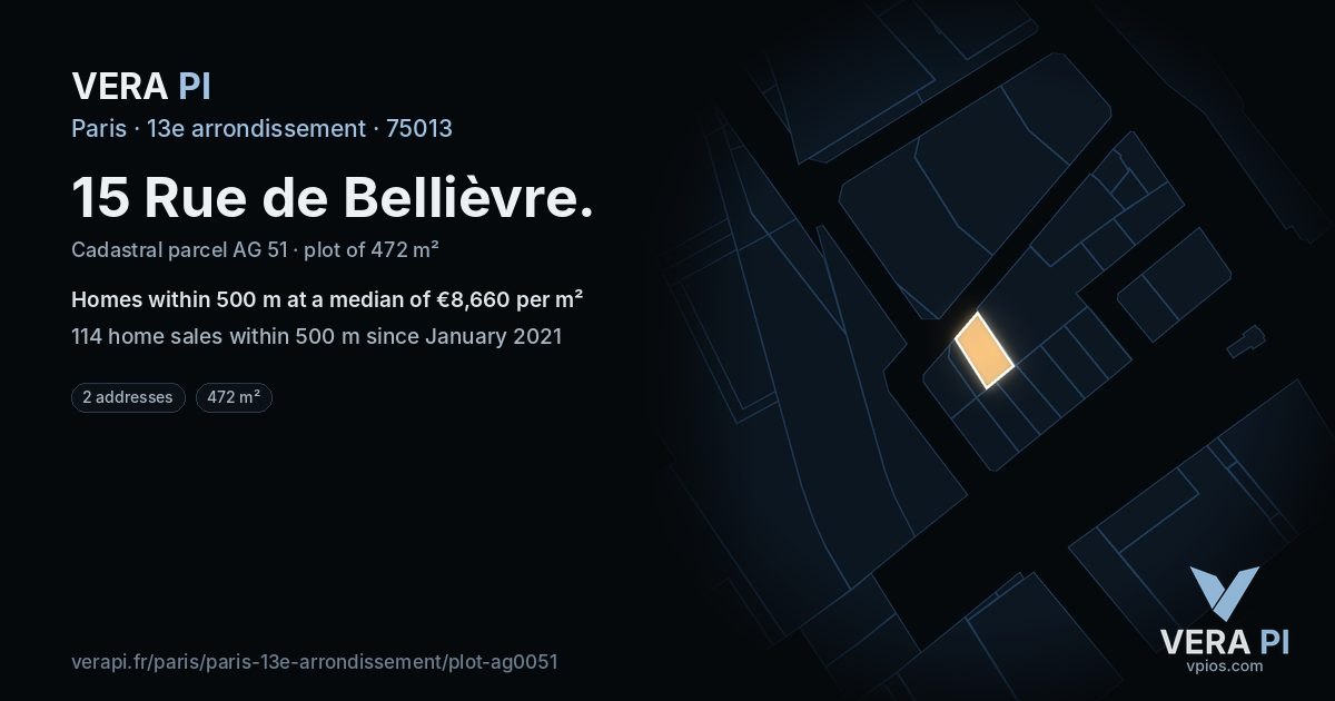 15 Rue de Bellièvre, 13e arrondissement at night – the plot lit, the parcels around coloured by the prices near them