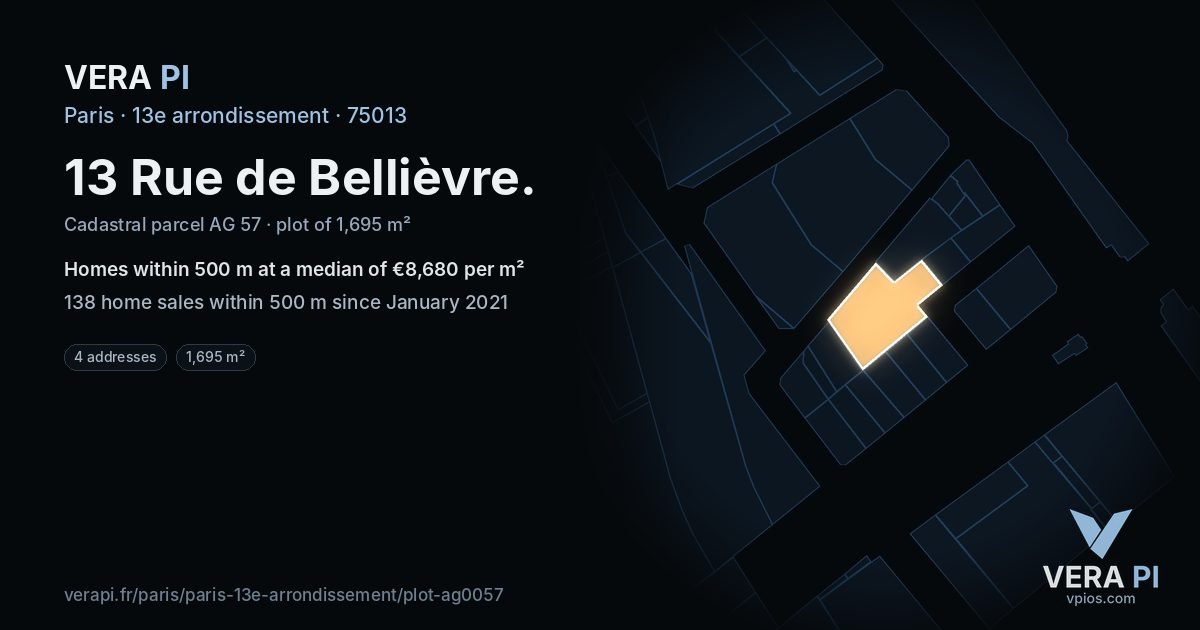 13 Rue de Bellièvre, 13e arrondissement at night – the plot lit, the parcels around coloured by the prices near them