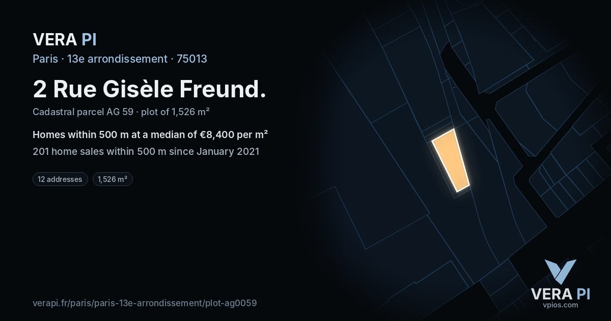 2 Rue Gisèle Freund, 13e arrondissement at night – the plot lit, the parcels around coloured by the prices near them