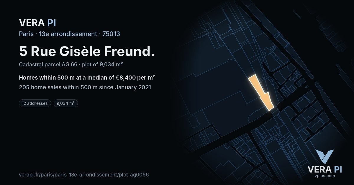 5 Rue Gisèle Freund, 13e arrondissement at night – the plot lit, the parcels around coloured by the prices near them