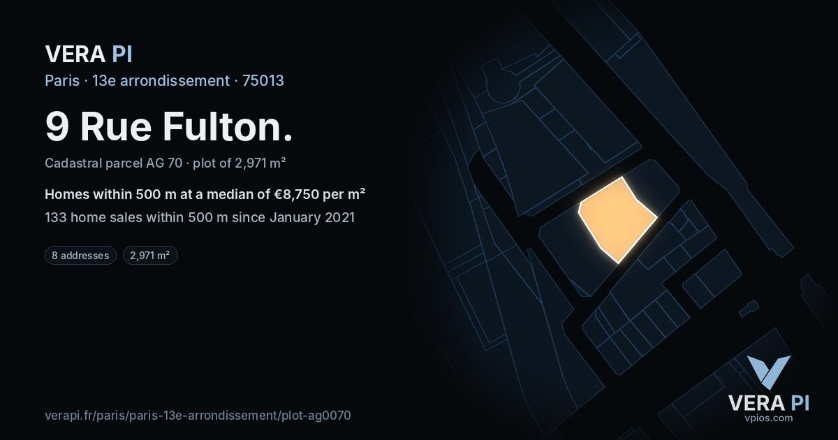 9 Rue Fulton, 13e arrondissement at night – the plot lit, the parcels around coloured by the prices near them
