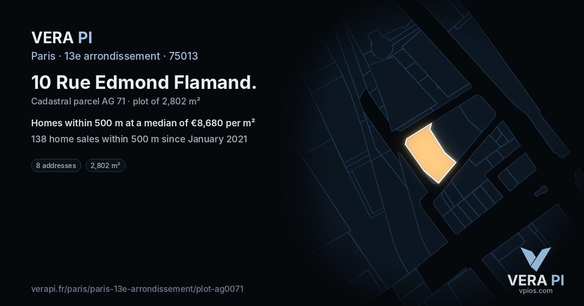 10 Rue Edmond Flamand, 13e arrondissement at night – the plot lit, the parcels around coloured by the prices near them