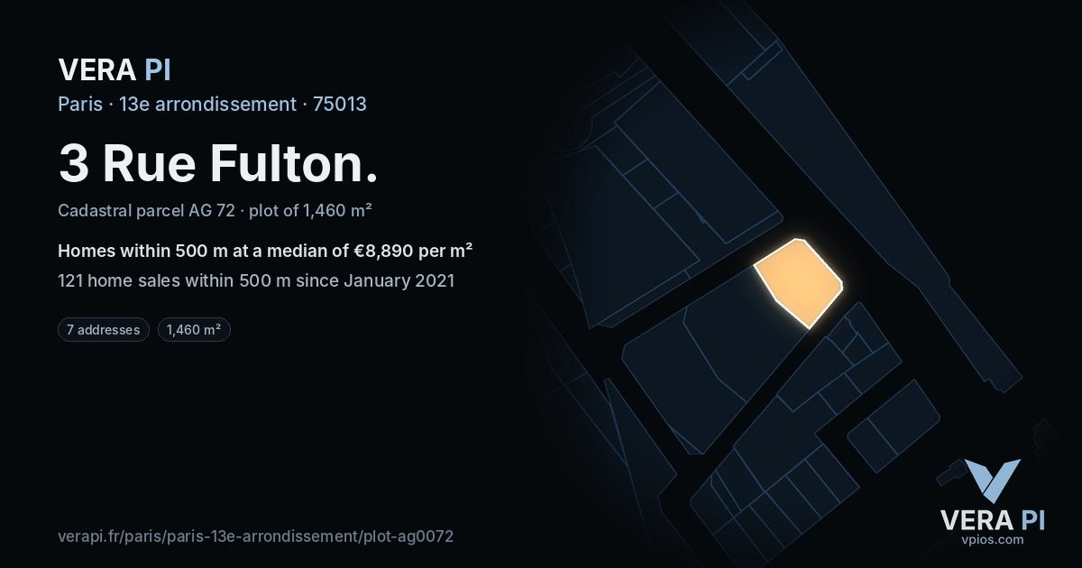 3 Rue Fulton, 13e arrondissement at night – the plot lit, the parcels around coloured by the prices near them