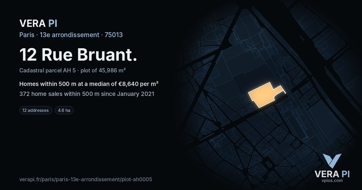 12 Rue Bruant, 13e arrondissement at night – the plot lit, the parcels around coloured by the prices near them