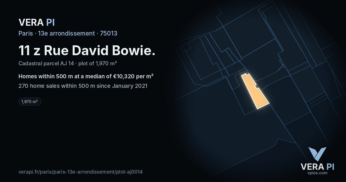 11 z Rue David Bowie, 13e arrondissement at night – the plot lit, the parcels around coloured by the prices near them