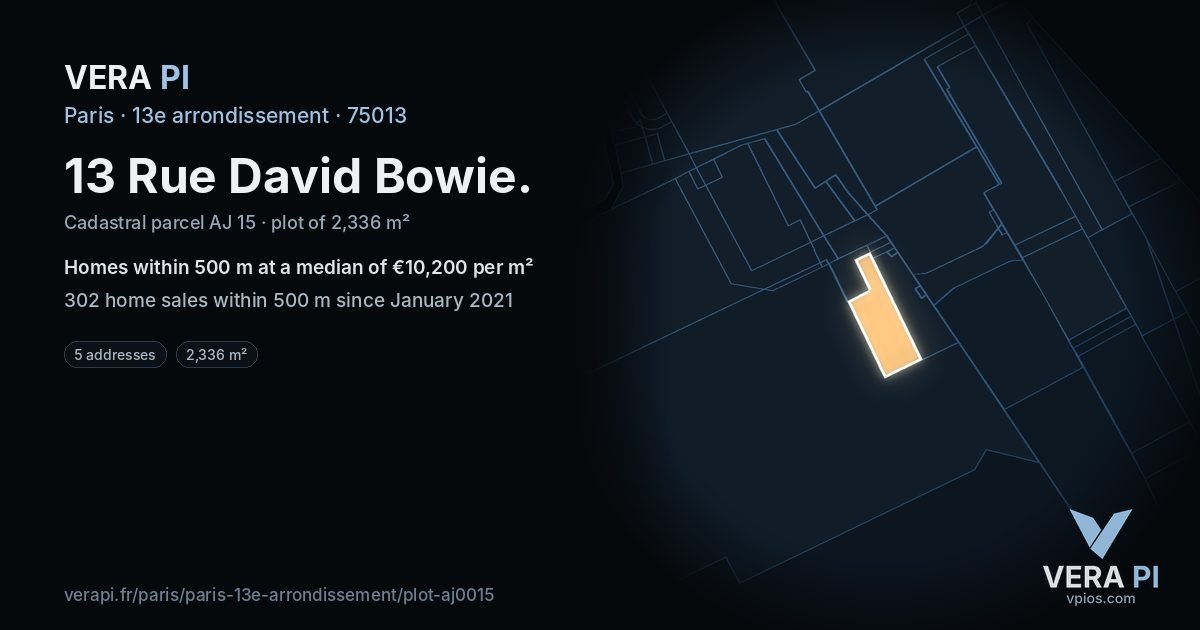 13 Rue David Bowie, 13e arrondissement at night – the plot lit, the parcels around coloured by the prices near them