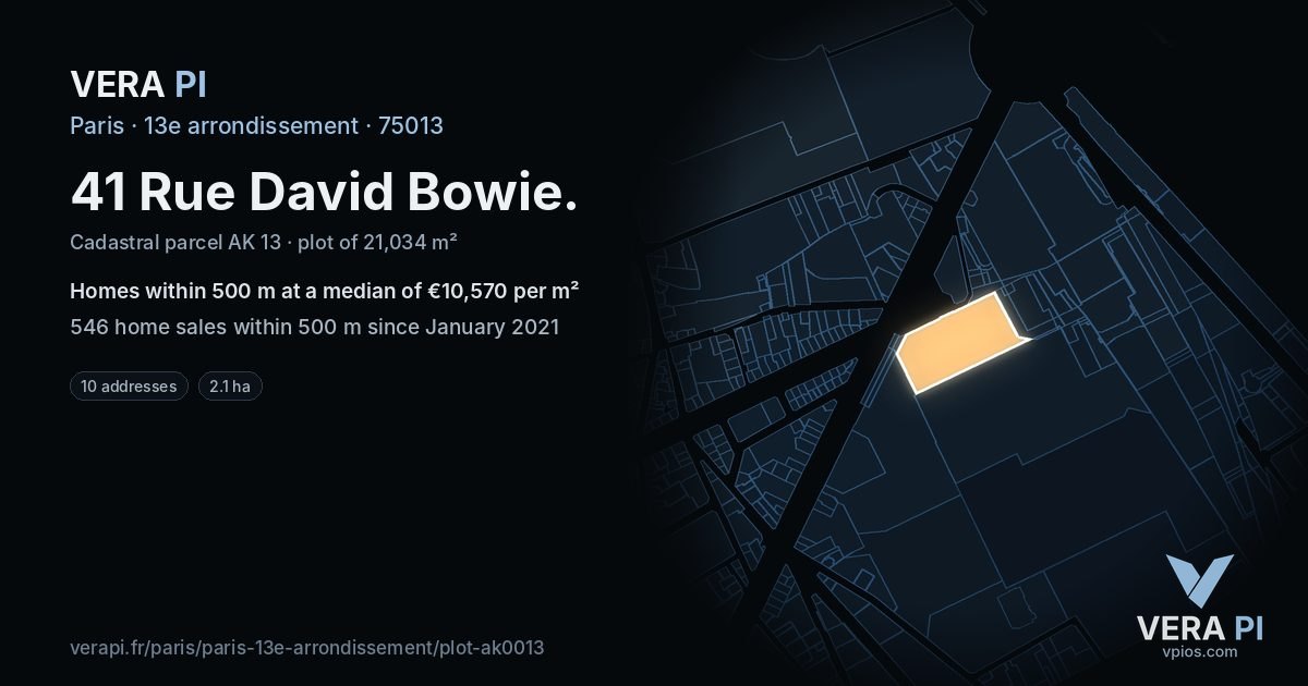 41 Rue David Bowie, 13e arrondissement at night – the plot lit, the parcels around coloured by the prices near them