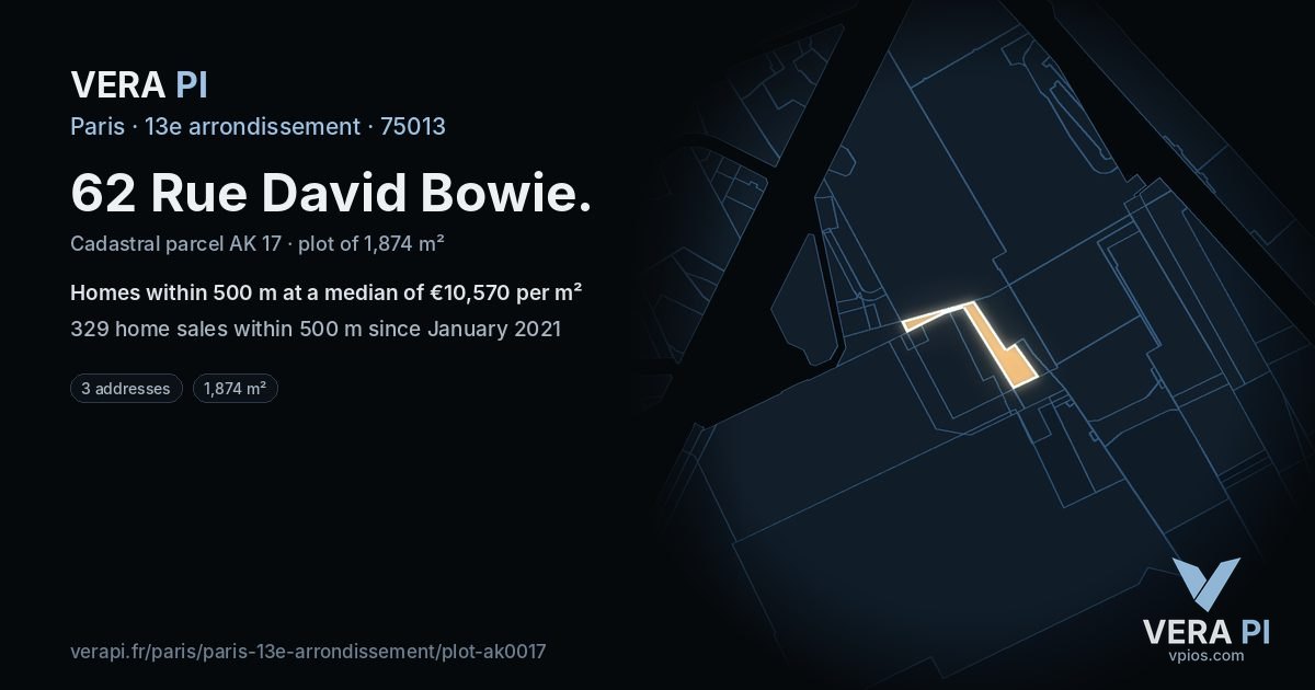 62 Rue David Bowie, 13e arrondissement at night – the plot lit, the parcels around coloured by the prices near them