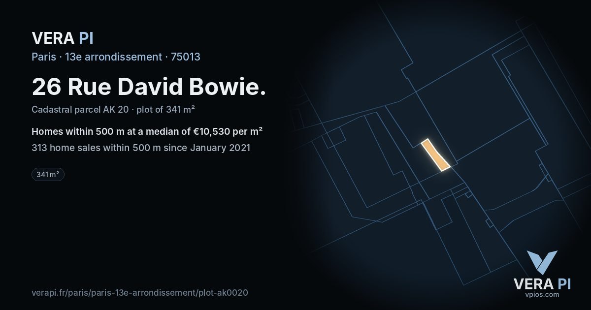 26 Rue David Bowie, 13e arrondissement at night – the plot lit, the parcels around coloured by the prices near them