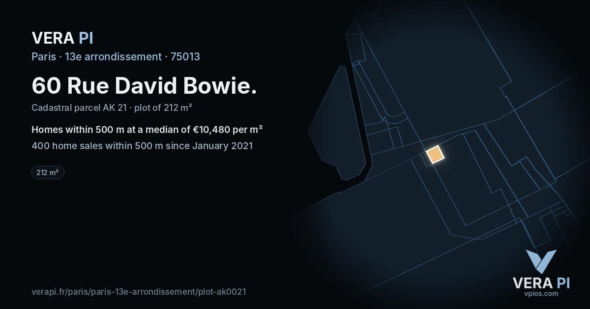 60 Rue David Bowie, 13e arrondissement at night – the plot lit, the parcels around coloured by the prices near them