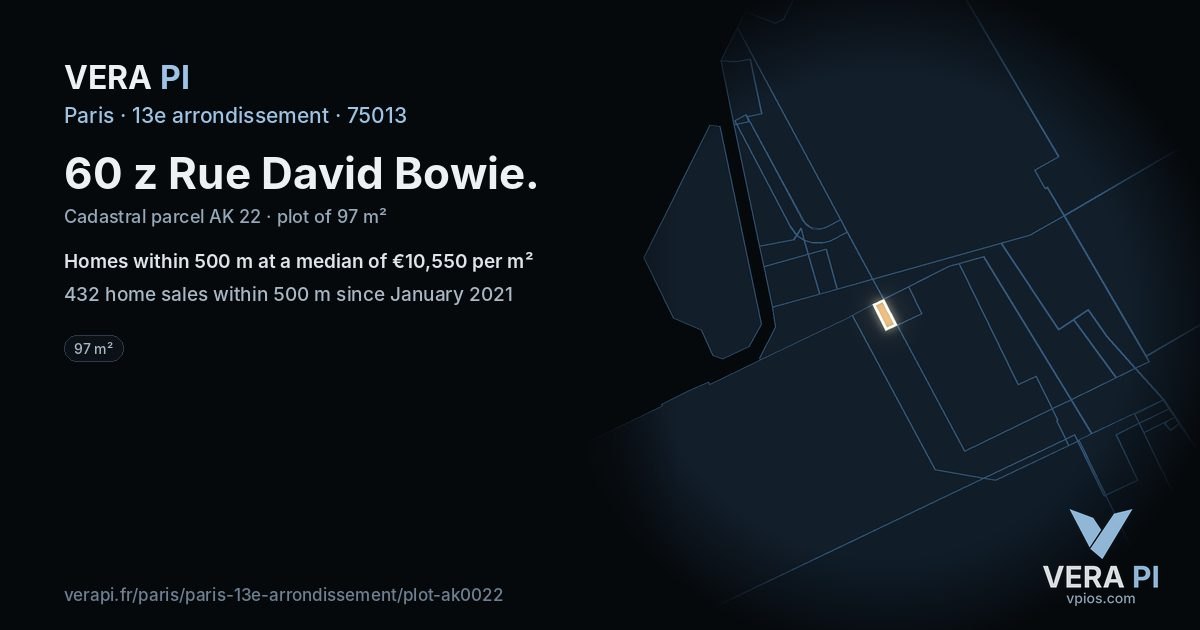 60 z Rue David Bowie, 13e arrondissement at night – the plot lit, the parcels around coloured by the prices near them