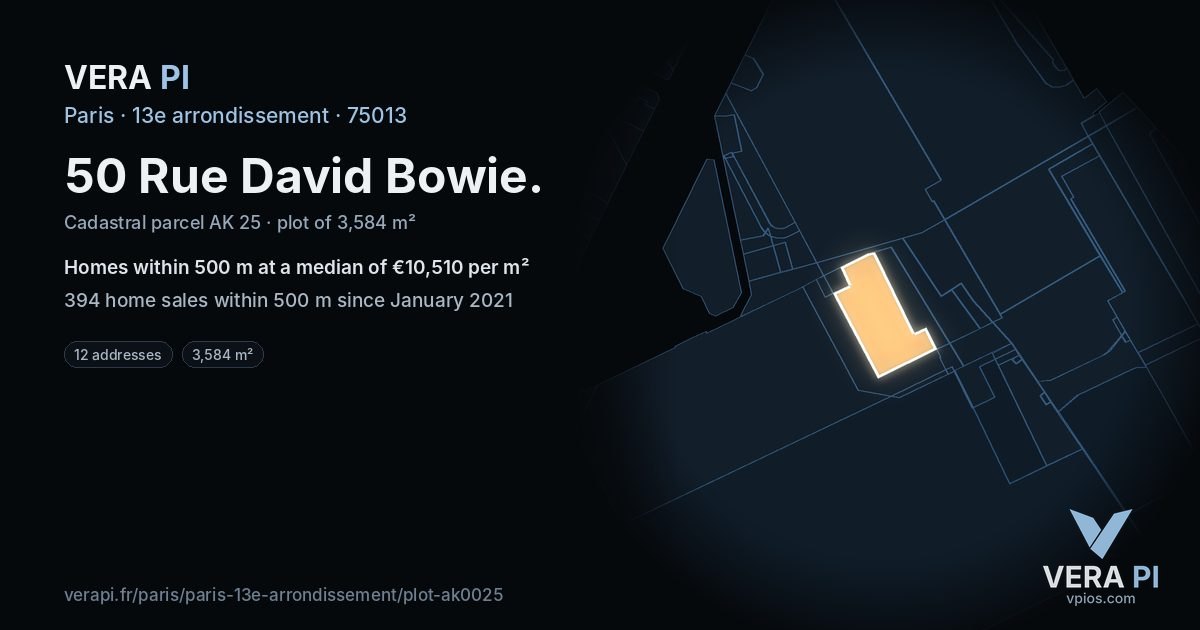 50 Rue David Bowie, 13e arrondissement at night – the plot lit, the parcels around coloured by the prices near them