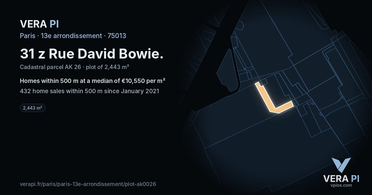 31 z Rue David Bowie, 13e arrondissement at night – the plot lit, the parcels around coloured by the prices near them