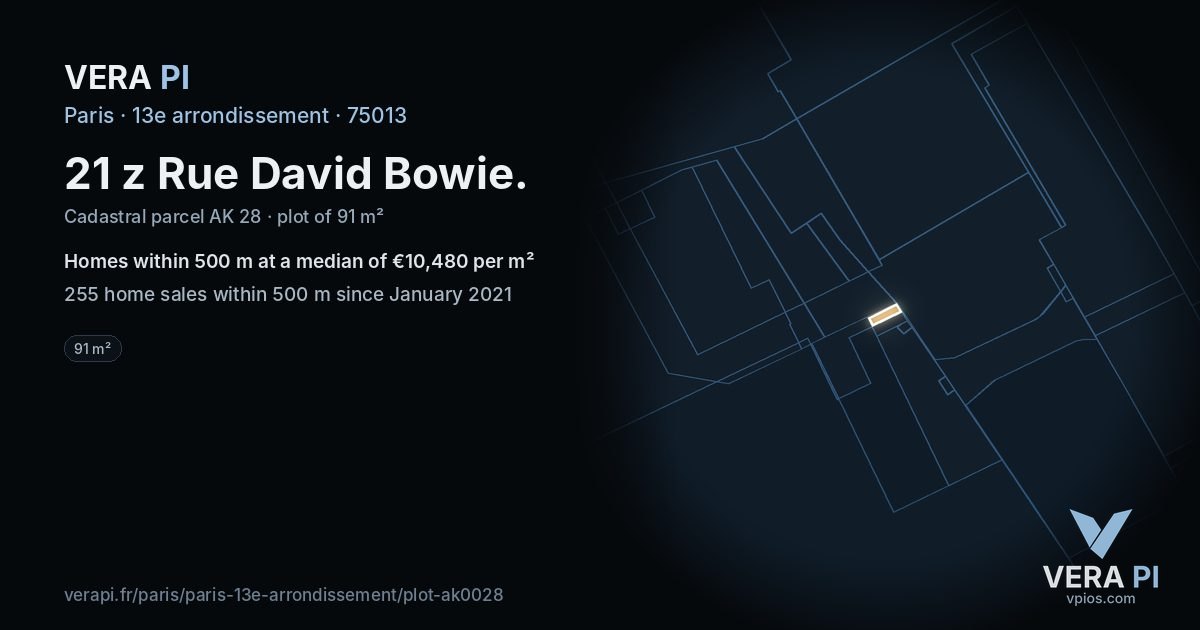 21 z Rue David Bowie, 13e arrondissement at night – the plot lit, the parcels around coloured by the prices near them