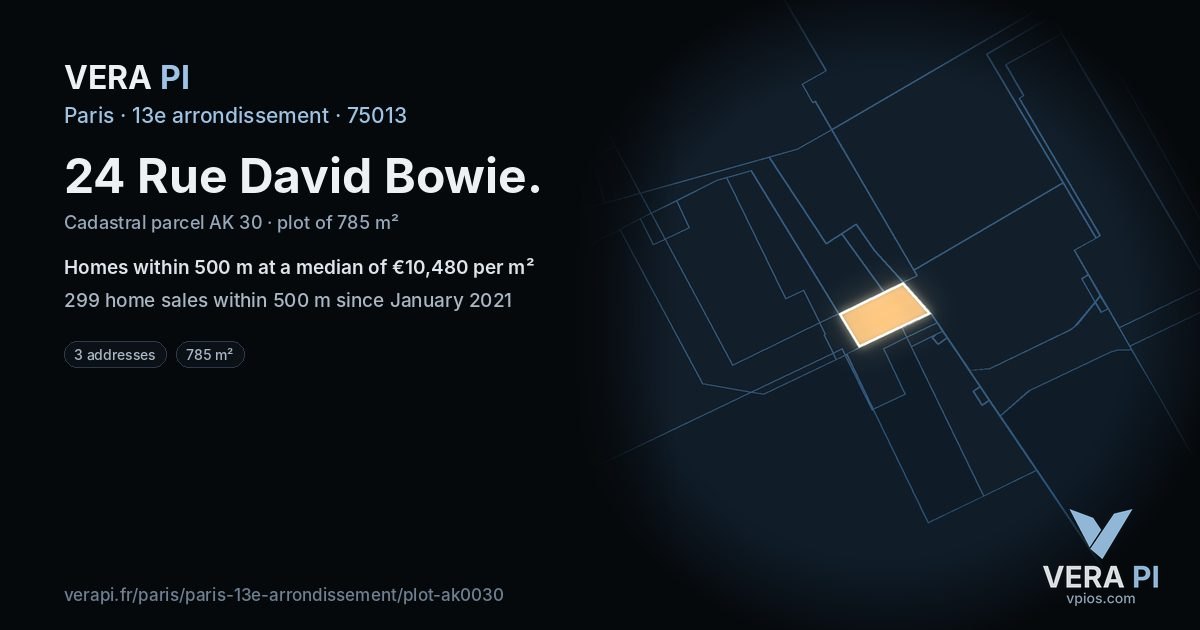 24 Rue David Bowie, 13e arrondissement at night – the plot lit, the parcels around coloured by the prices near them