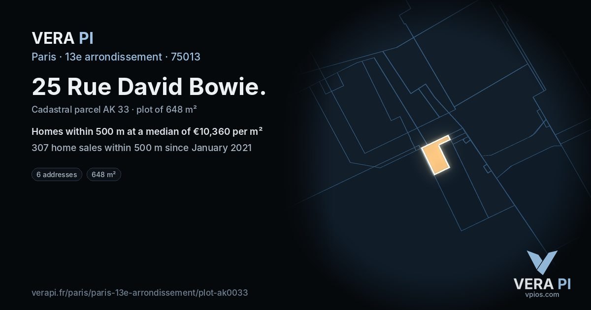25 Rue David Bowie, 13e arrondissement at night – the plot lit, the parcels around coloured by the prices near them
