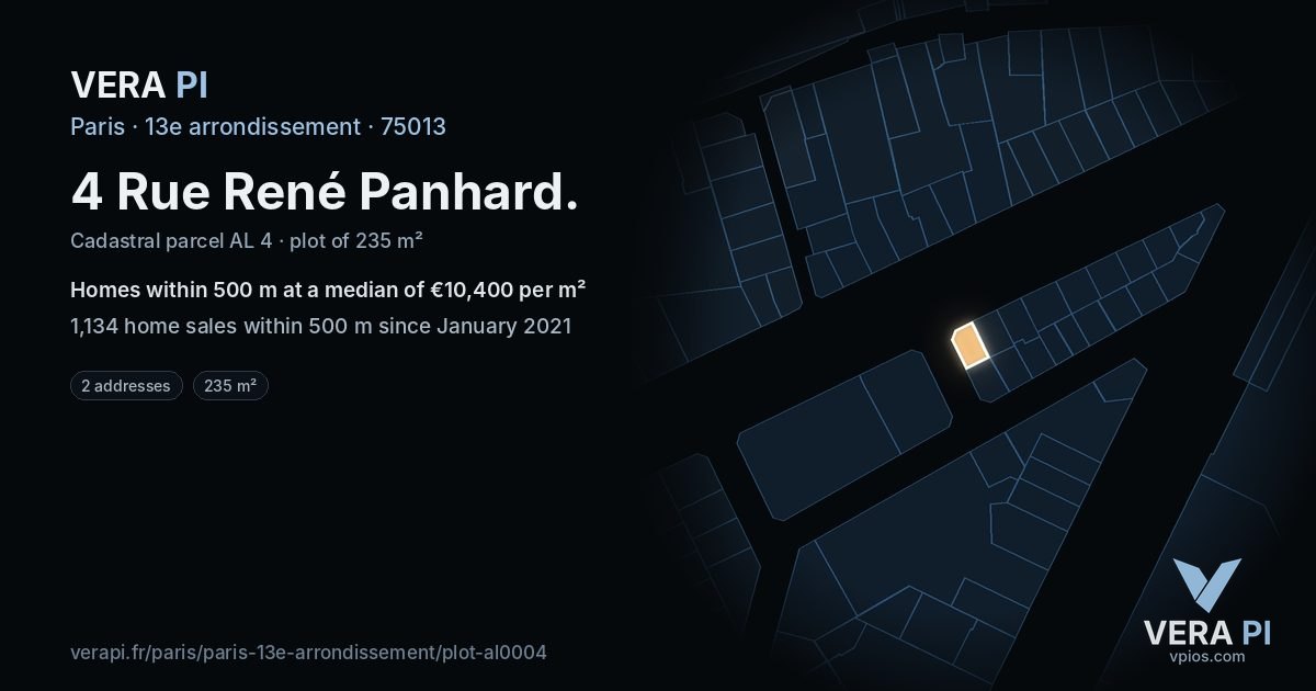 4 Rue René Panhard, 13e arrondissement at night – the plot lit, the parcels around coloured by the prices near them