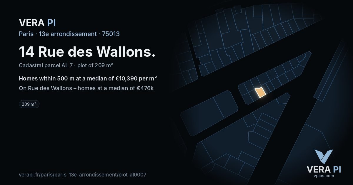 14 Rue des Wallons, 13e arrondissement at night – the plot lit, the parcels around coloured by the prices near them