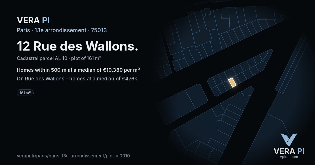 12 Rue des Wallons, 13e arrondissement at night – the plot lit, the parcels around coloured by the prices near them